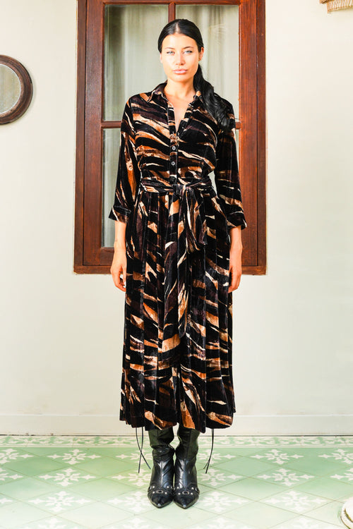 Audrey Dress #3 Shirt Collar 3/4 Sleeve Midi Plus Length Silk Velvet (Multi Zebra Dark)