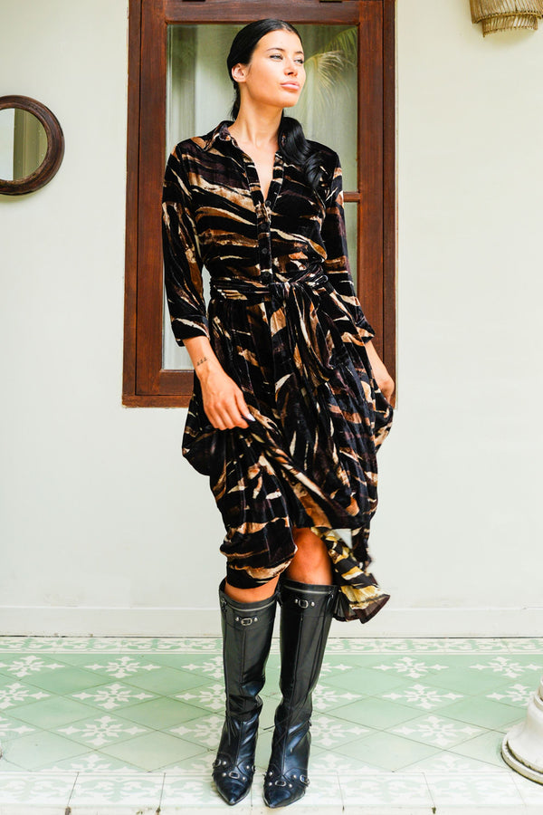 Audrey Dress #3 Shirt Collar 3/4 Sleeve Midi Plus Length Silk Velvet (Multi Zebra Dark)