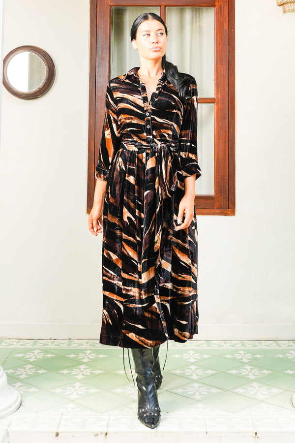 Audrey Dress #3 Shirt Collar 3/4 Sleeve Midi Plus Length Silk Velvet (Multi Zebra Dark)