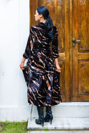 Audrey Dress #3 Shirt Collar 3/4 Sleeve Midi Plus Length Silk Velvet (Multi Zebra Dark)