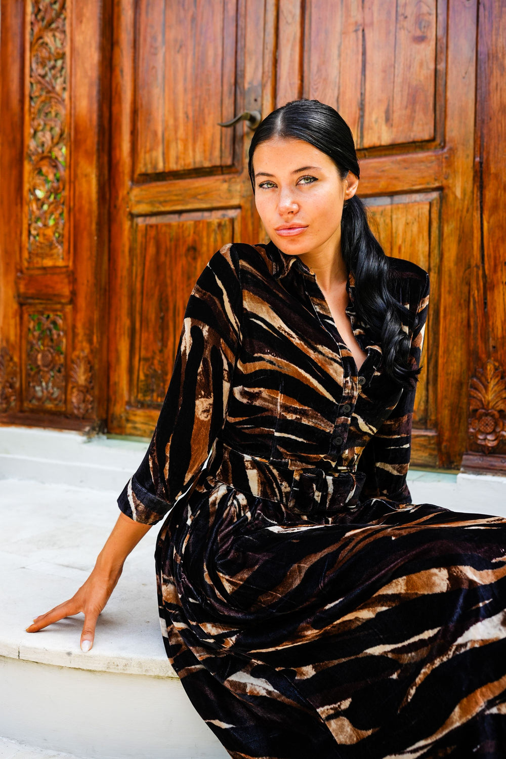 Audrey Dress #3 Shirt Collar 3/4 Sleeve Midi Plus Length Silk Velvet (Multi Zebra Dark)