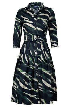 Audrey Dress #1 Shirt Collar 3/4 Sleeve Long Length Cotton Stretch (Multi Zebra Ivory)