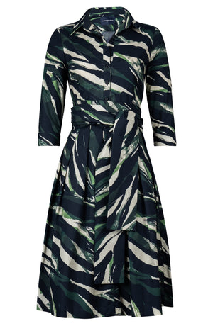 Audrey Dress #1 Shirt Collar 3/4 Sleeve Long Length Cotton Stretch (Multi Zebra Ivory)