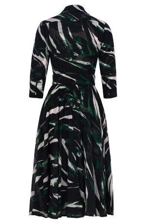 Amber Dress Shirt Collar 3/4 Sleeve Midi Length Wool (Multi Zebra Ivory) - Ivory Pine Green