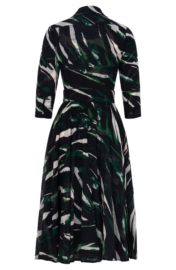 Amber Dress Shirt Collar 3/4 Sleeve Midi Length Wool (Multi Zebra Ivory) - Ivory Pine Green