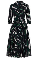 Amber Dress Shirt Collar 3/4 Sleeve Midi Length Wool (Multi Zebra Ivory) - Ivory Pine Green