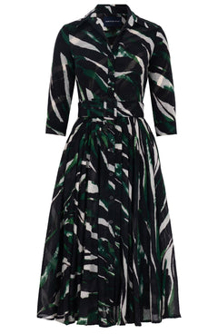 Amber Dress Shirt Collar 3/4 Sleeve Midi Length Wool (Multi Zebra Ivory) - Ivory Pine Green