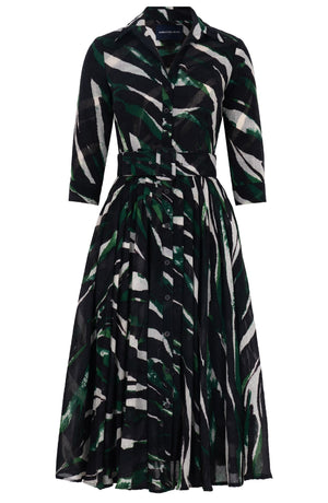 Amber Dress Shirt Collar 3/4 Sleeve Midi Length Wool (Multi Zebra Ivory) - Ivory Pine Green