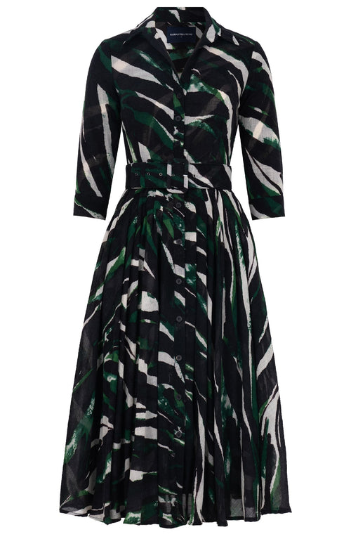 Amber Dress Shirt Collar 3/4 Sleeve Midi Length Wool (Multi Zebra Ivory) - Ivory Pine Green