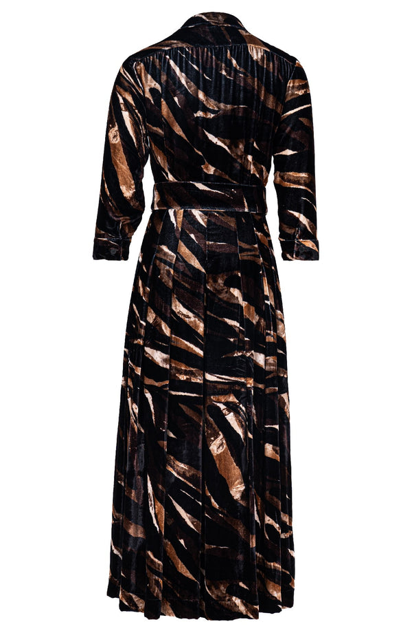 Audrey Dress #7 Shirt Collar 3/4 Sleeve Midi Plus Length Silk Velvet (Multi Zebra Dark)