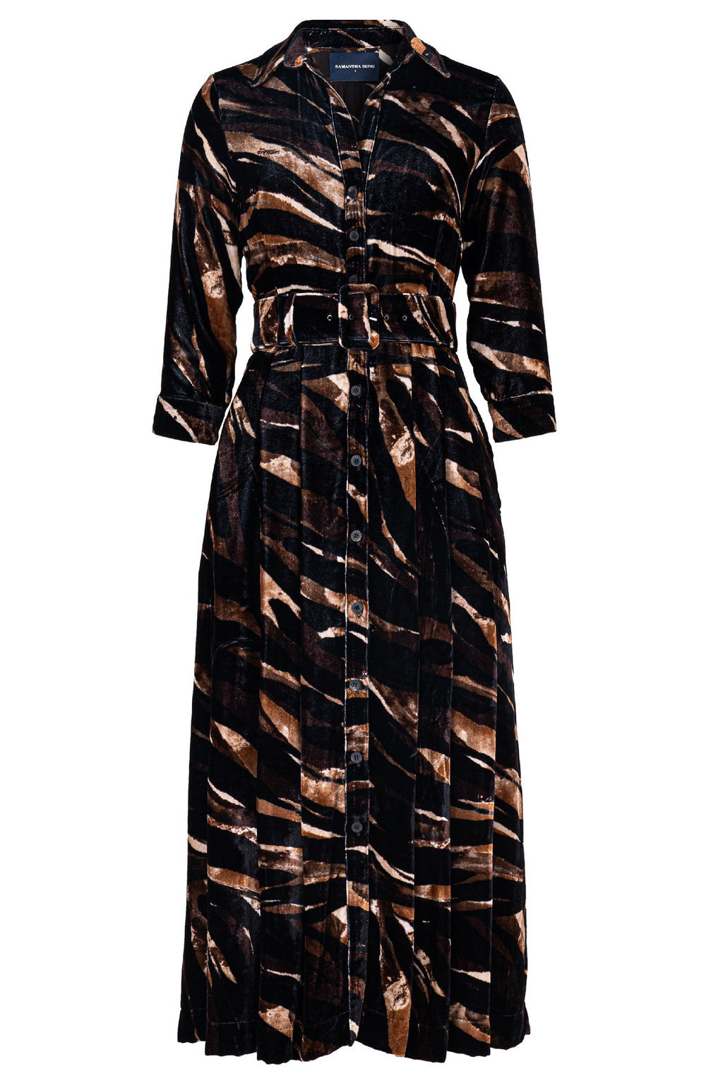 Audrey Dress #7 Shirt Collar 3/4 Sleeve Midi Plus Length Silk Velvet (Multi Zebra Dark)