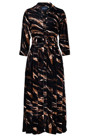 Audrey Dress #7 Shirt Collar 3/4 Sleeve Midi Plus Length Silk Velvet (Multi Zebra Dark)