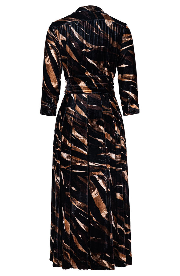 Audrey Dress #7 Shirt Collar 3/4 Sleeve Midi Plus Length Silk Velvet (Multi Zebra Dark)
