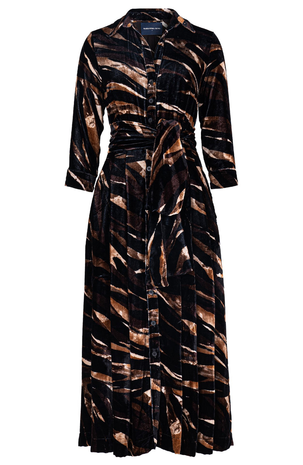 Audrey Dress #7 Shirt Collar 3/4 Sleeve Midi Plus Length Silk Velvet (Multi Zebra Dark)