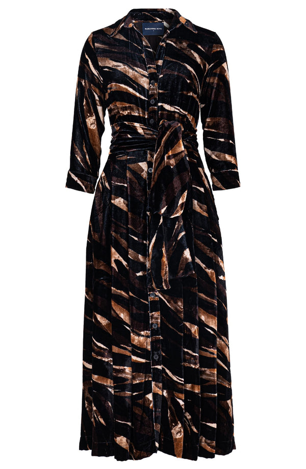 Audrey Dress #7 Shirt Collar 3/4 Sleeve Midi Plus Length Silk Velvet (Multi Zebra Dark)