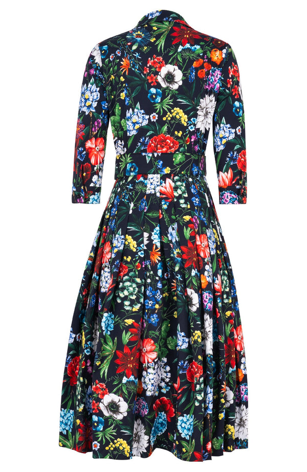 Audrey Dress #4 Shirt Collar 3/4 Sleeve Midi Length Cotton Stretch (Multicolor Botanic)