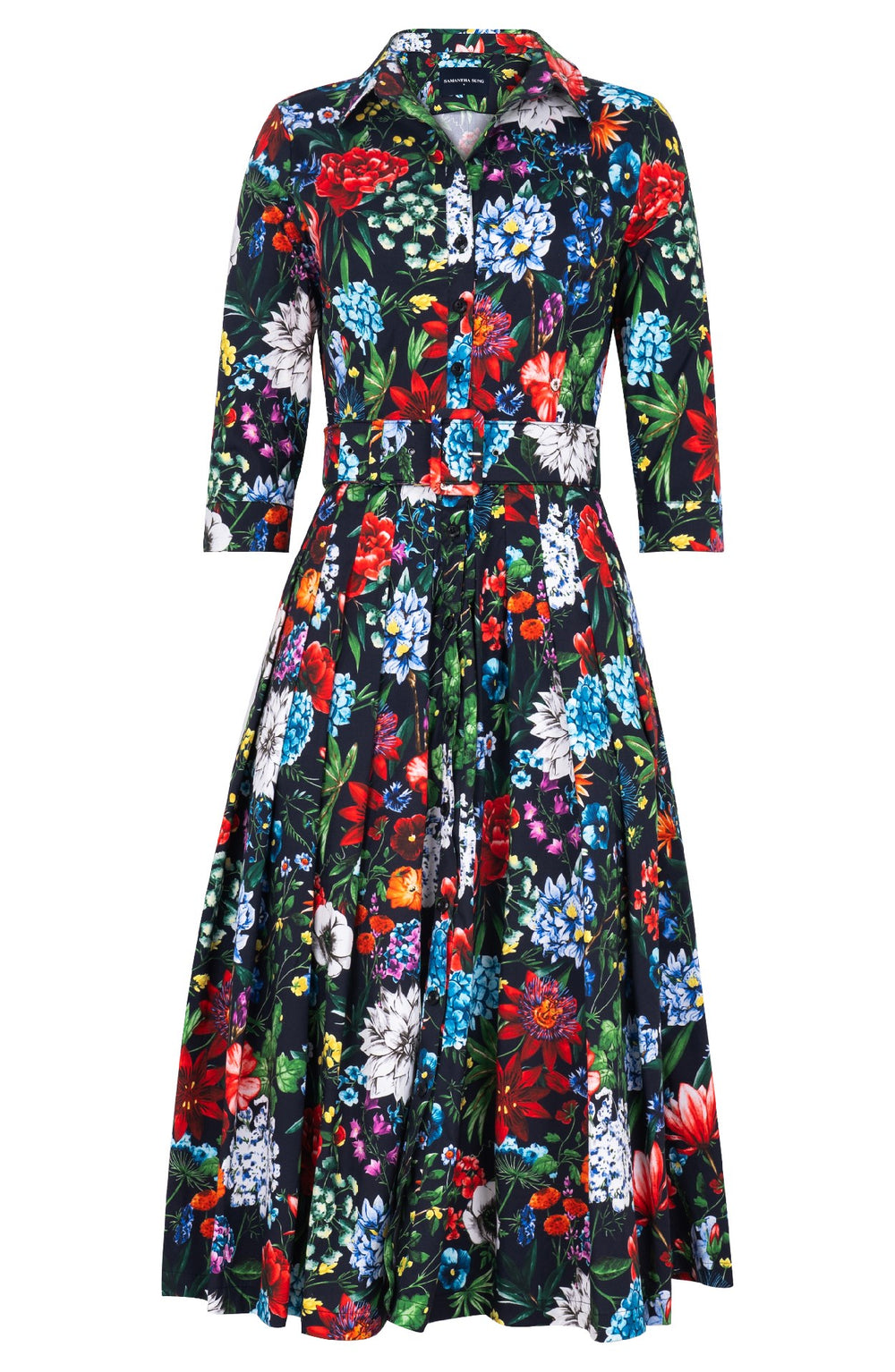 Audrey Dress #4 Shirt Collar 3/4 Sleeve Midi Length Cotton Stretch (Multicolor Botanic)