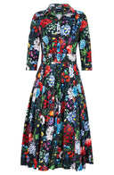 Audrey Dress #4 Shirt Collar 3/4 Sleeve Midi Length Cotton Stretch (Multicolor Botanic)