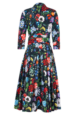 Audrey Dress #4 Shirt Collar 3/4 Sleeve Midi Length Cotton Stretch (Multicolor Botanic)
