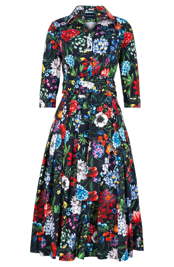 Audrey Dress #4 Shirt Collar 3/4 Sleeve Midi Length Cotton Stretch (Multicolor Botanic)