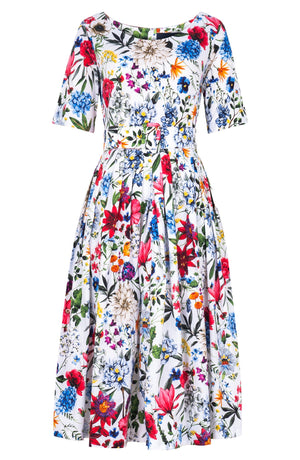 Florance Dress Boat Neck 1/2 Sleeve Midi Length Cotton Stretch (Multicolor Botanic)