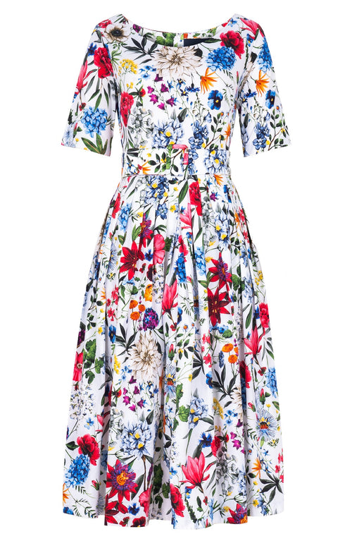 Florance Dress Boat Neck 1/2 Sleeve Midi Length Cotton Stretch (Multicolor Botanic)
