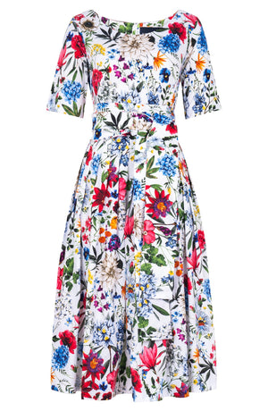 Florance Dress Boat Neck 1/2 Sleeve Midi Length Cotton Stretch (Multicolor Botanic)