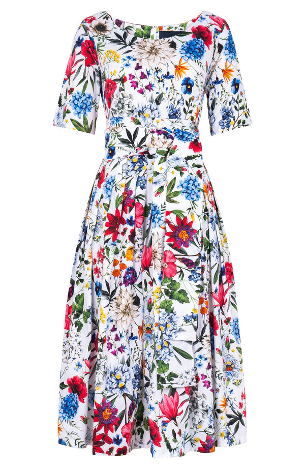 Florance Dress Boat Neck 1/2 Sleeve Midi Length Cotton Stretch (Multicolor Botanic)