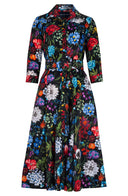 Avenue Dress Shirt Collar 3/4 Sleeve Midi Length Poliamide Taffta (Multicolor Botanic)