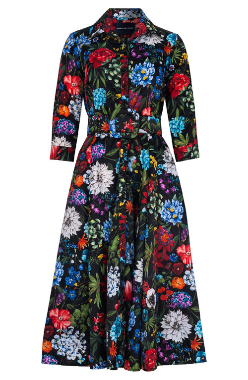 Avenue Dress Shirt Collar 3/4 Sleeve Midi Length Poliamide Taffta (Multicolor Botanic)