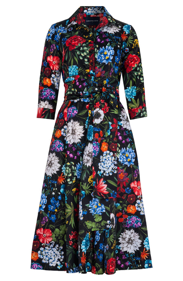 Avenue Dress Shirt Collar 3/4 Sleeve Midi Length Poliamide Taffta (Multicolor Botanic)