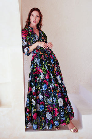 Eva Dress Crew Neck 3/4 Sleeve Maxi Length Cotton Musola (Multicolor Botanic Small)