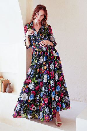 Eva Dress Crew Neck 3/4 Sleeve Maxi Length Cotton Musola (Multicolor Botanic Small)