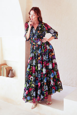 Eva Dress Crew Neck 3/4 Sleeve Maxi Length Cotton Musola (Multicolor Botanic Small)