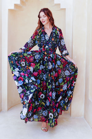 Eva Dress Crew Neck 3/4 Sleeve Maxi Length Cotton Musola (Multicolor Botanic Small)