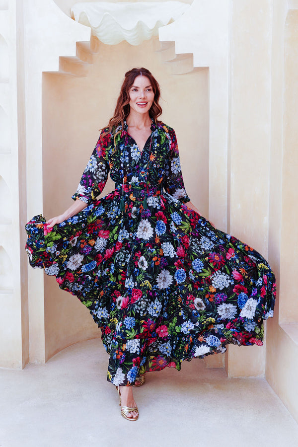 Eva Dress Crew Neck 3/4 Sleeve Maxi Length Cotton Musola (Multicolor Botanic Small)