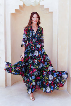 Eva Dress Crew Neck 3/4 Sleeve Maxi Length Cotton Musola (Multicolor Botanic)