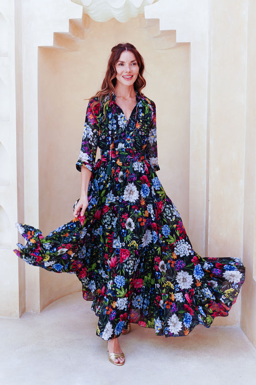 Eva Dress Crew Neck 3/4 Sleeve Maxi Length Cotton Musola (Multicolor Botanic Small)