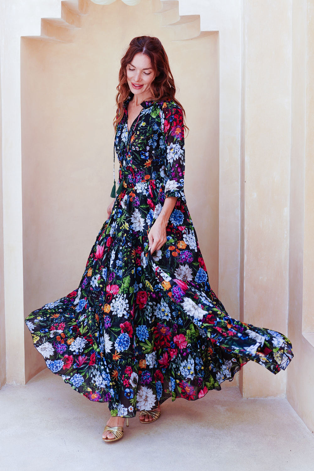 Eva Dress Crew Neck 3/4 Sleeve Maxi Length Cotton Musola (Multicolor Botanic Small)