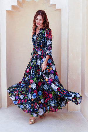 Eva Dress Crew Neck 3/4 Sleeve Maxi Length Cotton Musola (Multicolor Botanic Small)