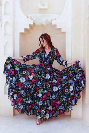 Eva Dress Crew Neck 3/4 Sleeve Maxi Length Cotton Musola (Multicolor Botanic Small)