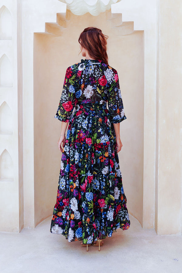 Eva Dress Crew Neck 3/4 Sleeve Maxi Length Cotton Musola (Multicolor Botanic Small)