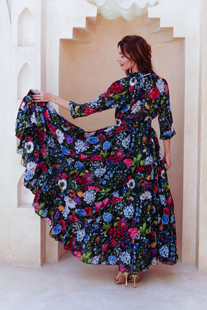 Eva Dress Crew Neck 3/4 Sleeve Maxi Length Cotton Musola (Multicolor Botanic Small)