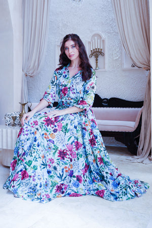 Eva Dress Crew Neck 3/4 Sleeve Maxi Length Cotton Musola (Multicolor Botanic Small)