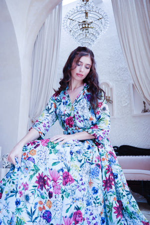 Eva Dress Crew Neck 3/4 Sleeve Maxi Length Cotton Musola (Multicolor Botanic Small)