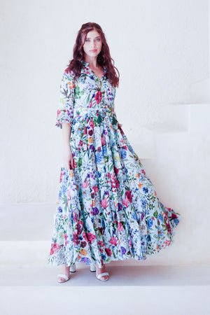 Eva Dress Crew Neck 3/4 Sleeve Maxi Length Cotton Musola (Multicolor Botanic Small)