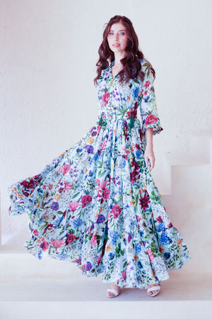 Eva Dress Crew Neck 3/4 Sleeve Maxi Length Cotton Musola (Multicolor Botanic Small)