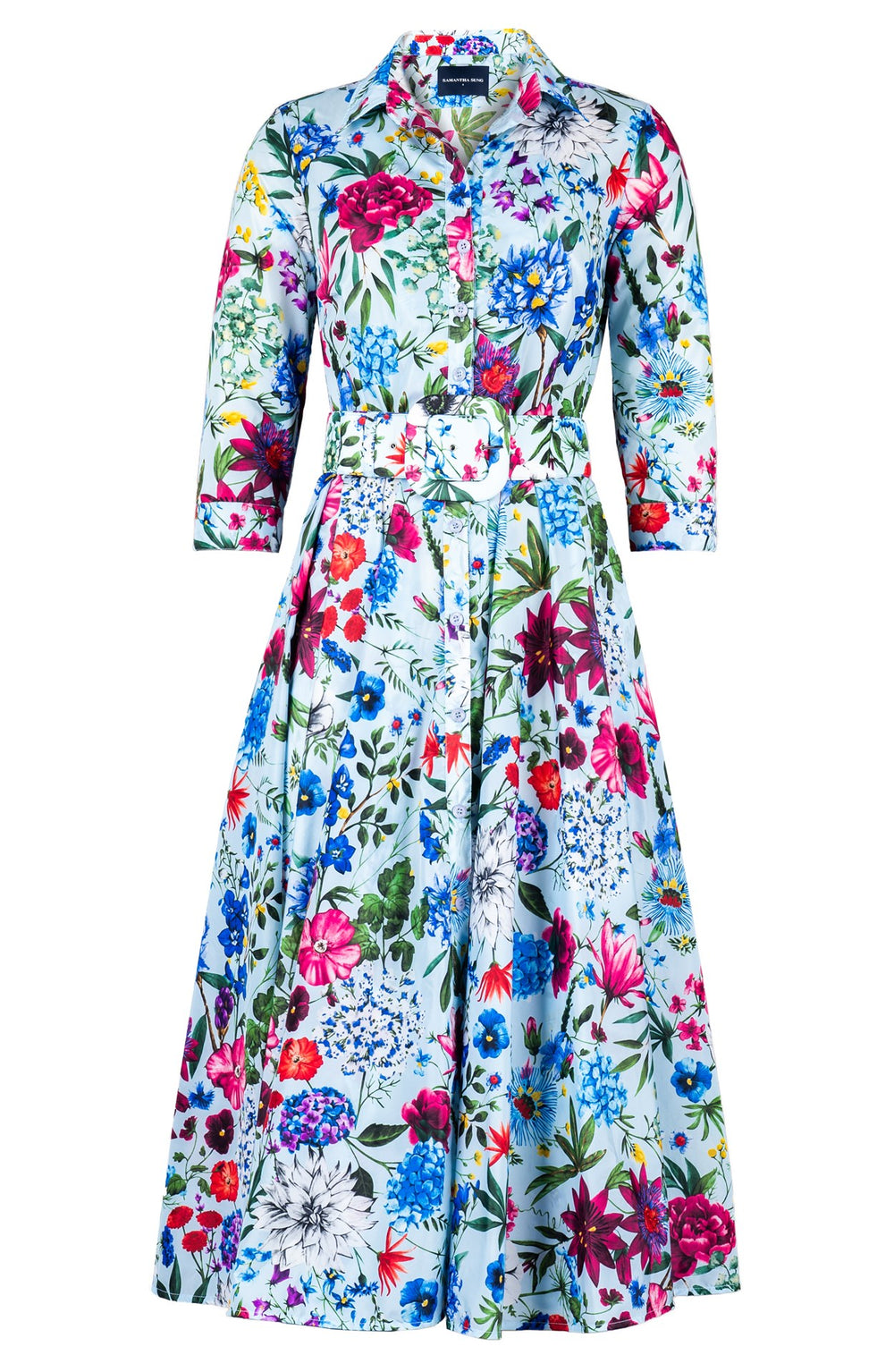 Aster Dress Shirt Collar 3/4 Sleeve Midi Length Silk Taffta (Multicolor Botanic)