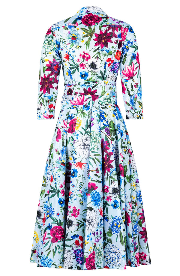 Aster Dress Shirt Collar 3/4 Sleeve Midi Length Silk Taffta (Multicolor Botanic)