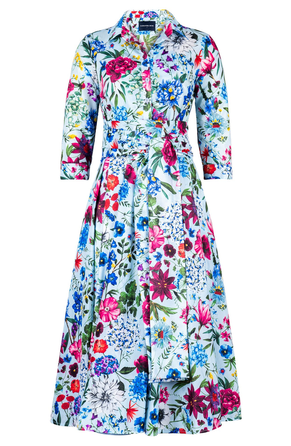 Aster Dress Shirt Collar 3/4 Sleeve Midi Length Silk Taffta (Multicolor Botanic)